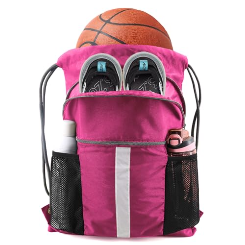 BeeGreen Drawstring Backpack Bag with Shoe Compartment, X-Large Black Gym Sports String Cinch Backpack - color: Rose Red