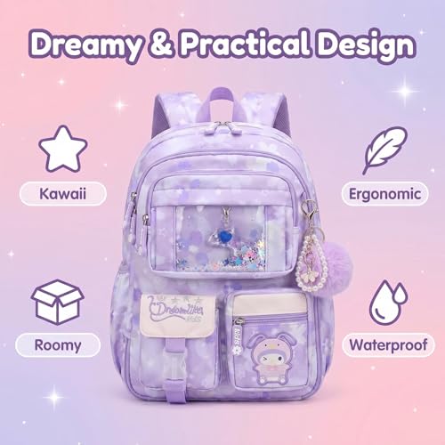 Lovely Kawaii Kids School Backpack For Girls – Splash-Proof Book Bag for Kids & Students, Multi-Pocket Children's School Bag, 17 Inch Purple Backpack - color: Purple