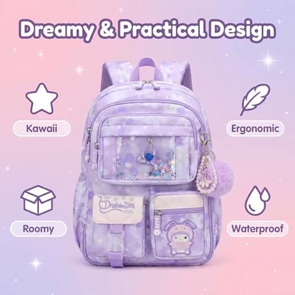 Lovely Kawaii Kids School Backpack For Girls – Splash-Proof Book Bag for Kids & Students, Multi-Pocket Children's School Bag, 17 Inch Purple Backpack - color: Purple