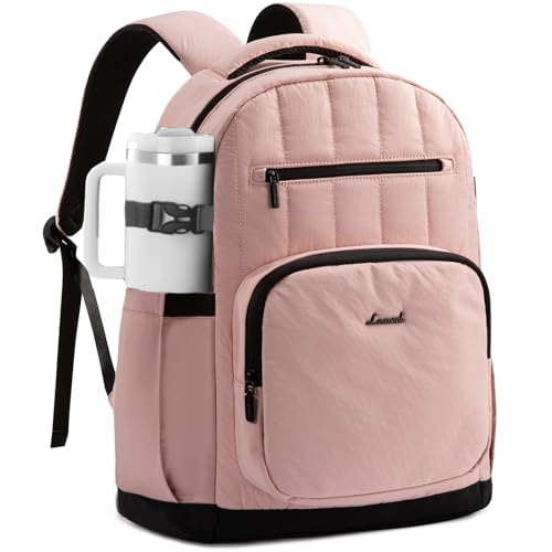 LOVEVOOK Laptop Backpack for Women with Giant Tumbler Holder Pocket,15.6 Inch Puffer Travel College Work Backpack Purse for Teacher Nurse,Waterproof Laptop Bag Computer Back Pack Daypack,Pink-Black - color: Pink - Black, size: 15.6 Inch