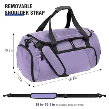 Gym Bag for Men Women, Purple | Shoe Compartment, Wet Pocket, Water Resistant, Shoulder & Messenger Bag, Weekend Overnight Travel - color: Purple