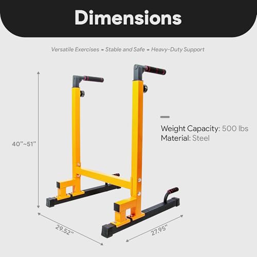 BalanceFrom Steel Frame Dip Station with Adjustable Height, 500 Pound Weight Capacity – Upper Body Workout Home Gym Equipment for Triceps, Push & Pull Ups, Leg Raises, and Bench Press - color: Yellow