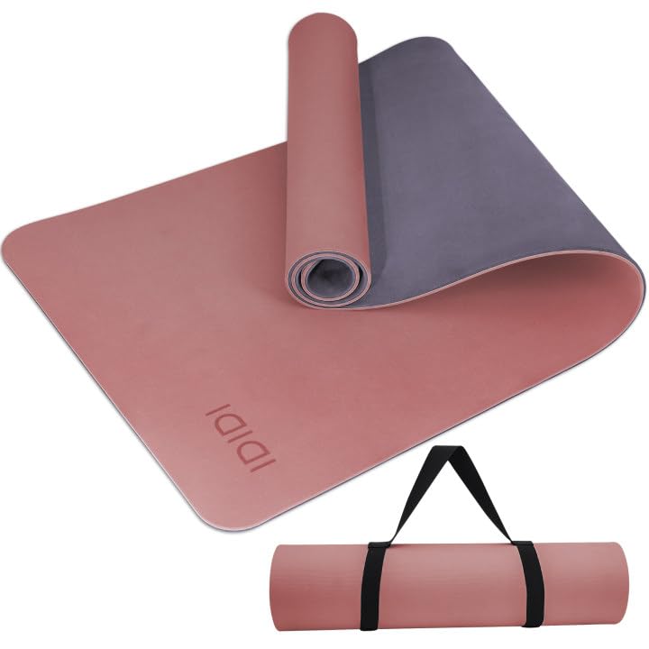 Yoga Mat with Strap,Non-Skid Workout Mat,8mm Thick Yoga Mat,POE Yoga Mats for Women Men Kids,Exercise Mat with Easy-Cinch,72"x24"x0.32” (183x61x0.8cm) - color: Deep Pink+Grey