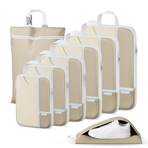 Percover Compression Packing Cubes for Travel, 8-Piece Structured Compression Organizer Set with Laundry Bag & Shoe Bag for Carry-On & Checked Luggage, Camel - color: Camel, size: 8 Set