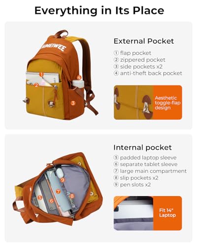 Lightweight Travel Backpack for Women, School Backpack for Teen Girls & Boys, Water-repellent Taslon Fabric, Stylish Casual Daypack for College Everyday Use, Fits 14" Laptop, Brown & Yellow - color: Brown & Yellow