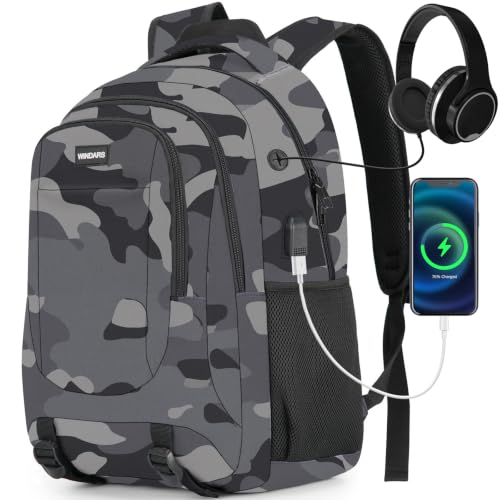 Laptop Backpack for Men and Women: 17.3 Inch Large School Backpacks for Teen Boys Durable Water Resistant College Bookbag Anti Theft Computer Bag with USB Charger for Business Work Travel, Black Camo - color: Black Camo, size: 17.3 Inch