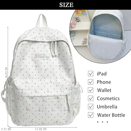 Cute Aesthetic Backpack Y2K Simple Heart Star Print Kawaii Backpacks Travel Laptop Rucksack Backpack for Women (White) - color: White