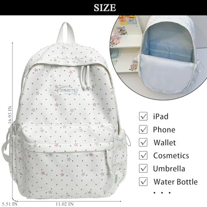 Cute Aesthetic Backpack Y2K Simple Heart Star Print Kawaii Backpacks Travel Laptop Rucksack Backpack for Women (White) - color: White