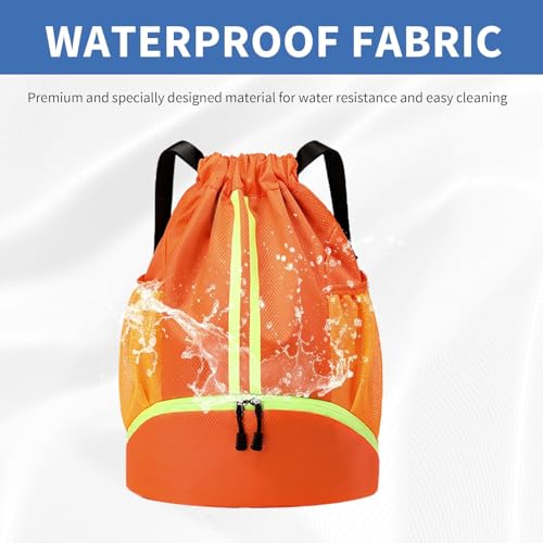 Drawstring Backpack Gym Bag with Shoe Compartment - Ideal for Basketball, Swimming, Beach Activities, Unisex - color: Orange