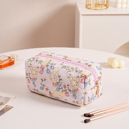 Cute Floral Makeup Bag Small Cotton Quilted Cosmetic Bag, Aesthetic Essential Bag Emergency Bag Gift for Women Girls Travel Accessories (Yellow Rabbit) - color: Yellow Rabbit