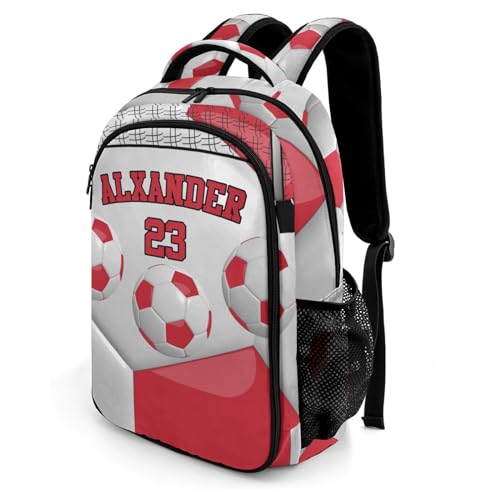 Custom Text Sport Ball Athlete Player Soccer Red Backpacks for Girls Boys School, Capacity School Backpacks for Kids Water-resistant Bookbags - color: Red