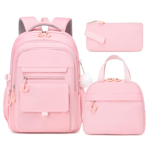GeeWin Backpacks for Girls, Girls Backpack with Lunch Box & Pencil Case Set, 17 Inch Waterproof Girl Bookbag with Lots of Pockets for Kids, Teens, Elementary Middle High College School Student (Pink) - color: Pink