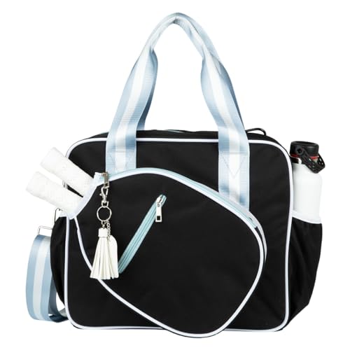 Cute Prepster Pickleball Bag for Women with Fence Hook, Tote with Pockets for Water Bottle, Paddles, Balls, Accessories - color: Black
