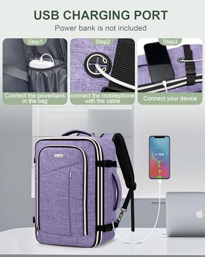 Travel Carry On 17.5" Laptop Expandable Backpack for Men Women, Personal Item Bag Waterproof Airline Approved with USB Charging Hole 3 Packing Cubes, Large Weekender Daypack Business Luggage Suitcase - color: Purple, size: Expandable