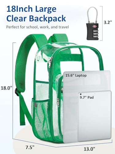 Extra Large Clear Backpack with TSA Lock, Heavy Duty Transparent See Through Clear Bookbag for College, Work, Travel, Casual Sport, Green - color: Green