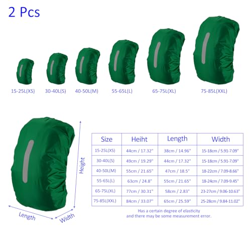 M METERXITY 2 Pack Backpack Rain Cover - Waterproof Lightweight Cover with Vertical Reflective Strap, Apply to Cycling/Hiking/Mountain Climbing (40-50L, M, Dark Green)