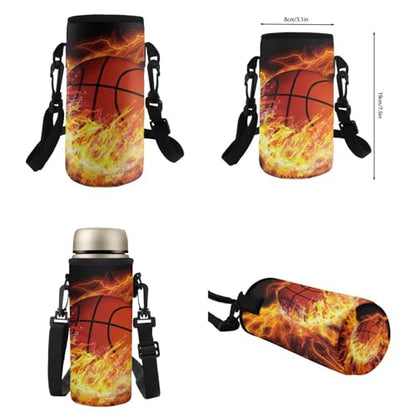 Flashideas Fire Basketball Backpack for School Boys Backpack with Lunch Box 32 Ounce Water Bottle and Water Bottle Carrier 4Pcs Set 17" Bookbag with Compartments Sturdy School Bag for Kids Elementary - color: Fire Basketball