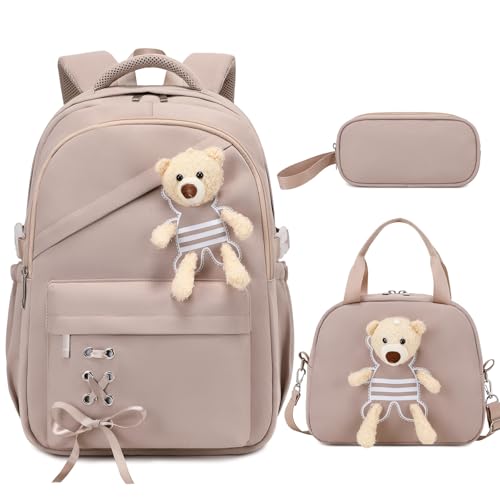 ACESAK School Backpack for Girls - 3 PCS Cute Girls Backpack with Lunch Box & Pencil Case - Kawaii Casual Kids Bookbag School Bag Daypacks Set for Elementary Middle High School Student Teens (Khaki) - color: Khaki
