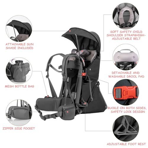Wipha Baby Backpack Carrier, Toddler Carrier with Canopy, Adjustable and Safe Hiking Backpack for Baby(Creeper III-Black) - color: CREEPER III-BLACK