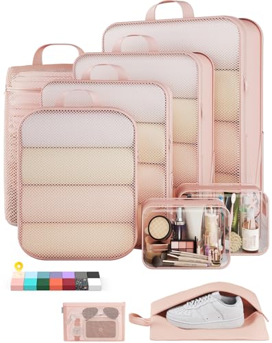 Veken 9/11 Set Compression Packing Cubes for Travel Essentials,Compressible Expandable Large Luggage Suitcase Organizer Bags for Clothing,Space Saver Bags with Over 1000 pcs of Mesh Holes(Beige) - color: Beige, size: 9 set