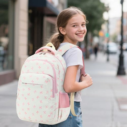LEDAOU Girls Boys Backpack with Lunch Box, 3-Piece School Bookbag Set - color: Bow Pink