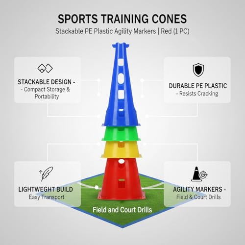 Red PE Plastic Agility Cones for Sports Training, Stackable Field Markers for Soccer and Basketball Drills - size: 6.3 x 6.3 x 15.75"