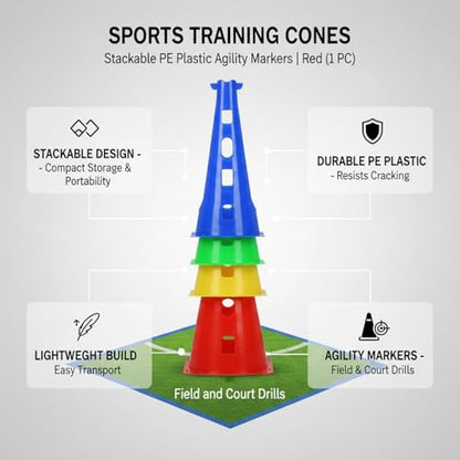 Red PE Plastic Agility Cones for Sports Training, Stackable Field Markers for Soccer and Basketball Drills - size: 6.3 x 6.3 x 15.75"