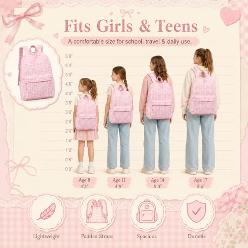 LEDAOU Backpack for Girls School Bag Kids Bookbag Teen Backpack Set Daypack with Lunch Bag and Pencil Case | Kids - color: A-bow Tie Pink