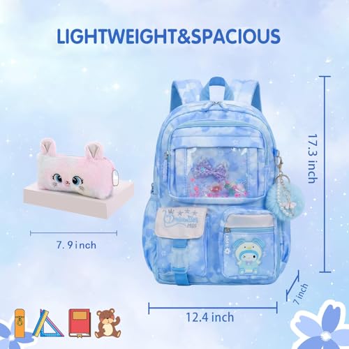 Lovely Kawaii Kids School Backpack For Girls – Splash-Proof Book Bag for Kids & Students, Multi-Pocket Children's School Bag, 17 Inch Blue Backpack - color: Blue