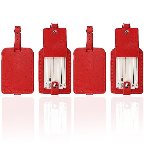Luggage Bag Tags Leather Travel ID Labels Suitcase Name Tags with Snap - color: Red 4 Pack