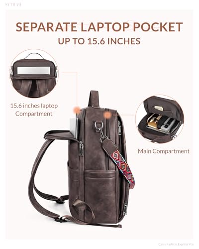 SYTRAH Leather Laptop Backpack, 15.6 Inch Business Computer Bag, Designer College Backpack Travel Backpack with Colorful Shoulder Bag Strap Dark Coffee - color: Dark Coffee