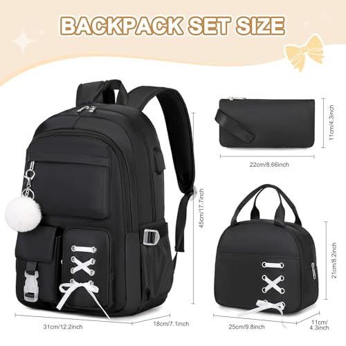 Scothen Backpacks for Girls, Girls Backpack with Lunch Box & Pencil Pouch for Teens Girl Kids Elementary Middle High School College Student Bookbag Daypack Laptop Travel Backpack for Women - color: Black