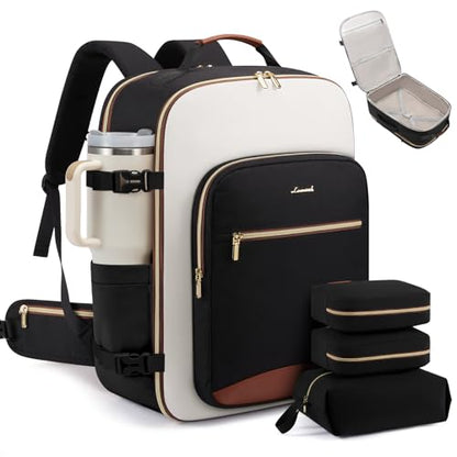 LOVEVOOK 56L Travel Backpack for Women & Men, Airline Approved Carry On Luggage with 3 Packing Cubes, TSA Overnight Bags, Waterproof Personal Item Bag, Weekender Essentials Backpacks fits 17" Laptop - color: Black-beige-brown, size: 20 Inch-56L-4Pcs