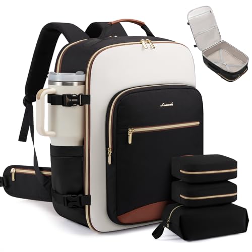 LOVEVOOK 56L Travel Backpack for Women & Men, Airline Approved Carry On Luggage with 3 Packing Cubes, TSA Overnight Bags, Waterproof Personal Item Bag, Weekender Essentials Backpacks fits 17" Laptop - color: Black-beige-brown, size: 20 Inch-56L-4Pcs