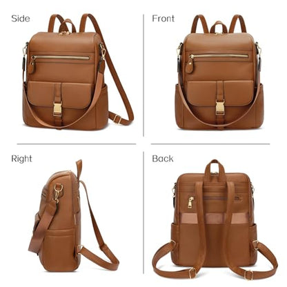 KKXIU Backpack Purse for Women - Multi-pocket Leather backpack for Travel, Work & School with Anti-Theft Lock Pocket, Luggage Strap & Water Bottle Pockets - 13x14x5.2 Inch, 1.67lb (Brown) - color: Brown