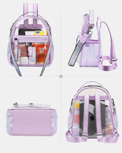 FADEON Clear Small Backpack Purse for Women, Designer Transparent Shoulder Handbag, PVC Mini Clear Bag for Stadium Approved - color: Purple Retro Style