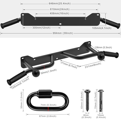 SELEWARE Heavy Duty Wall Mounted Pull Up Bar - Fully Welded Multifunctional Chin Up Bar with Ball Finger Training & Accessory Hooks, 600LB Capacity for Support Beam/Joist/Doorway