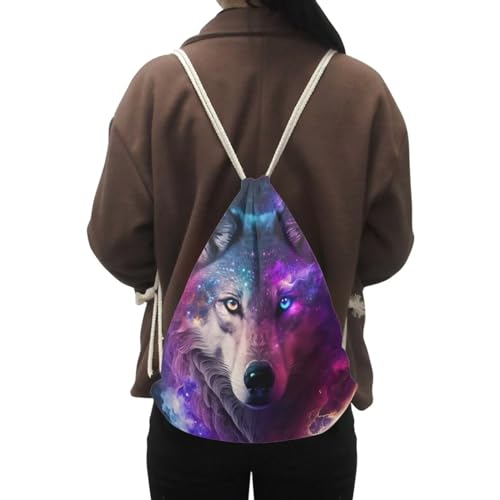Upetstory Galaxy Wolf Backpack Gym Drawstring Bags Hiking Daypacks Swimming Bags Sport Trip Yoga Cinch Sack Pack for Hiking Cycling Camping Running - color: Galaxy Wolf 3