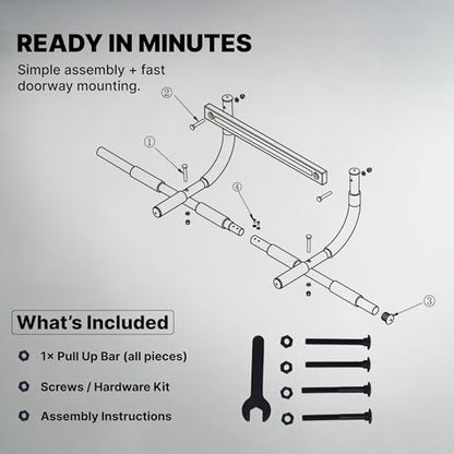 DMoose Fitness Door Pull Up Bar for Doorway - 250 Lbs Capacity, 1.7mm Heavy Duty Steel, 4 Grip Positions, No Drill Installation, Foam Door Protection & Cushioned End Caps (Black Classic)