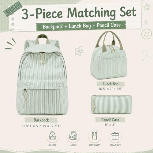 BTOOP School Backpacks for Teen Girls Bookbags Lightweight Kids Backpack School Bags Set with Lunch Box Pencil Case - color: Green White Stripe