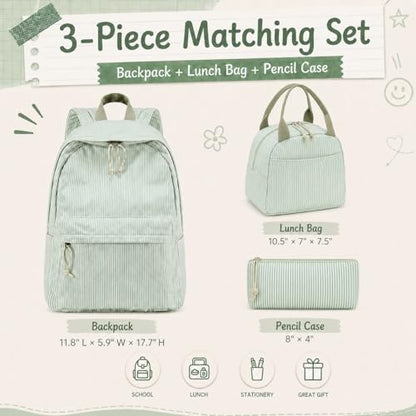 BTOOP School Backpacks for Teen Girls Bookbags Lightweight Kids Backpack School Bags Set with Lunch Box Pencil Case - color: Green White Stripe