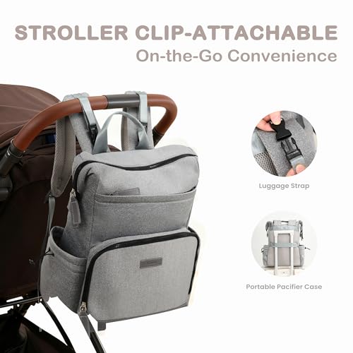 VONAL Neoprene Diaper Bag Backpack with Changing Pad, 33L Large Capacity Neoprene Backpack Baby Diaper Bag with Insulated Pockets, Travel Diaper Backpack Baby with 12 Pockets for Mom & Dad, Gray - color: Gray