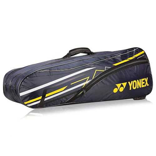 Yonex Stylish Badminton Kit-Bag |Double Zipper Compartment for Storage of 6 Rackets and Clothes|Side Pocket |Back Straps |Accessories Compartment |Made in India - color: NAVY BLUE CYBER LIME