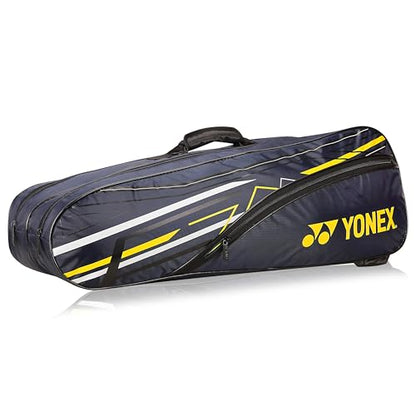 Yonex Stylish Badminton Kit-Bag |Double Zipper Compartment for Storage of 6 Rackets and Clothes|Side Pocket |Back Straps |Accessories Compartment |Made in India - color: NAVY BLUE CYBER LIME