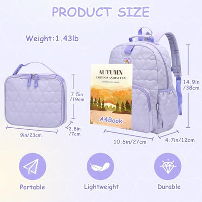 Chase Chic Toddler Backpack for Girls, Puffer Cute Lightweight Preschool Backpack with Lunch Box Set for Daycare Travel Kids Age 3-6,Purple Heart - color: Purple Heart