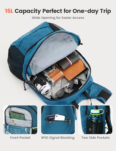 SKYSPER Hiking Backpack Ultralight Packable RFID Travel Daypack Small Nylon Stuff Pack 16L Outdoor Bag for Women Men - color: Blue