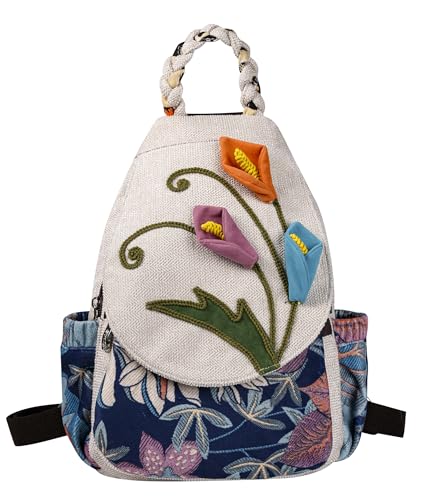 Small Canvas Backpack, Retro Boho Washed Hippie for Women Daily Commute (Flowers Decorations) - color: Flowers1
