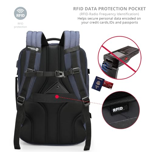 Swissdigital Design Travel Backpack 43L with USB Charging Port Laptop Backpack,TSA Friendly Flight Approved Carry-on Luggage Hand,Large Weekender Bag Fits 17 Inch Laptop Blue | SD1748-12 - color: Blue