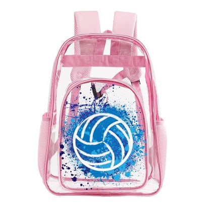 Volleyball Clear Backpack Heavy Duty for Girls Kids Boys Women | Large Cool PVC Volleyball Theme Printing Transparent Backpacks for Schools Stadium Concerts Work - Clear/Pink - color: Volleyball Clear Backpack 2 Pink With Front Pocket