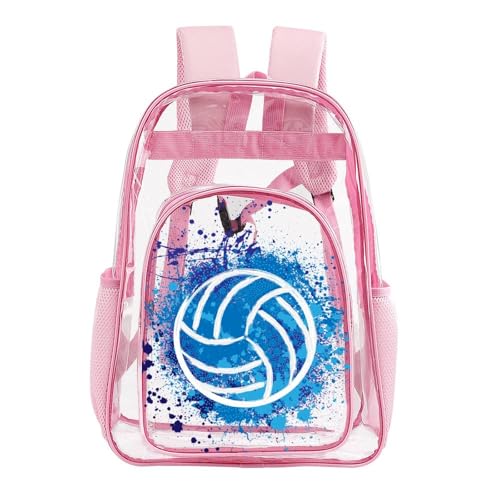 Volleyball Clear Backpack Heavy Duty for Girls Kids Boys Women | Large Cool PVC Volleyball Theme Printing Transparent Backpacks for Schools Stadium Concerts Work - Clear/Pink - color: Volleyball Clear Backpack 2 Pink With Front Pocket